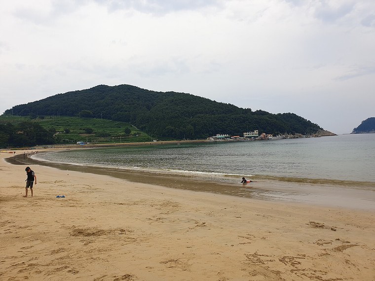 초승달 모양으로 휘어진 상주 은모래비치의 백사장과 잔잔한 바다