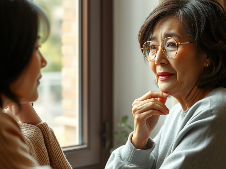 생각에 잠긴 어머니와 지켜보는 딸