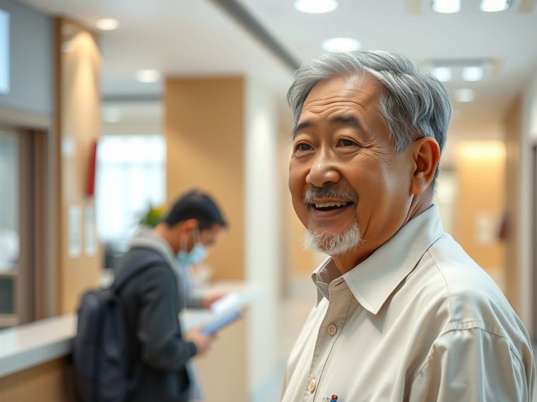 병원 로비에서 안내받는 시니어