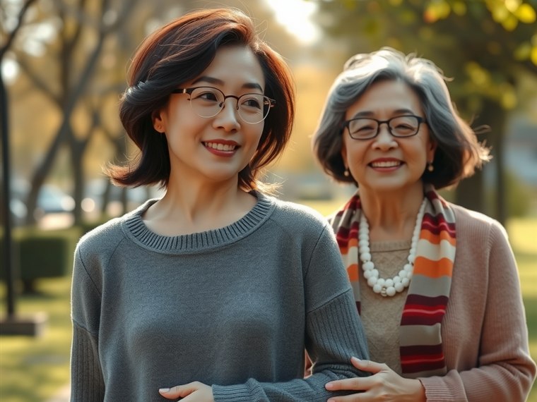 팔짱 끼고 걷는 딸과 노모