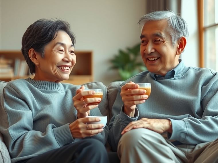 자기 집 소파에서 차 마시는 노부부