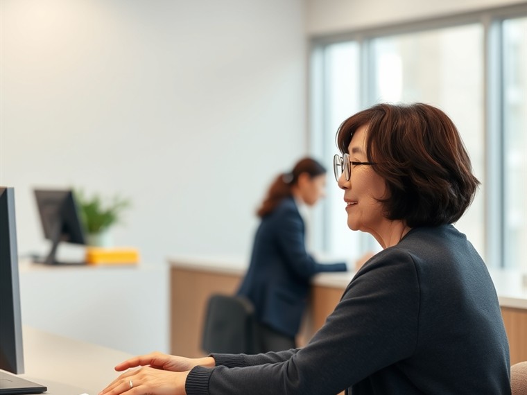 밝은 상담 창구에 앉아 직원의 안내를 기다리는 시니어 여성