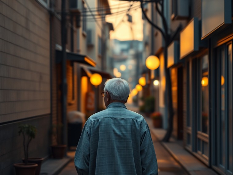 해 질 무렵 골목을 혼자 걸어가는 어르신의 뒷모습