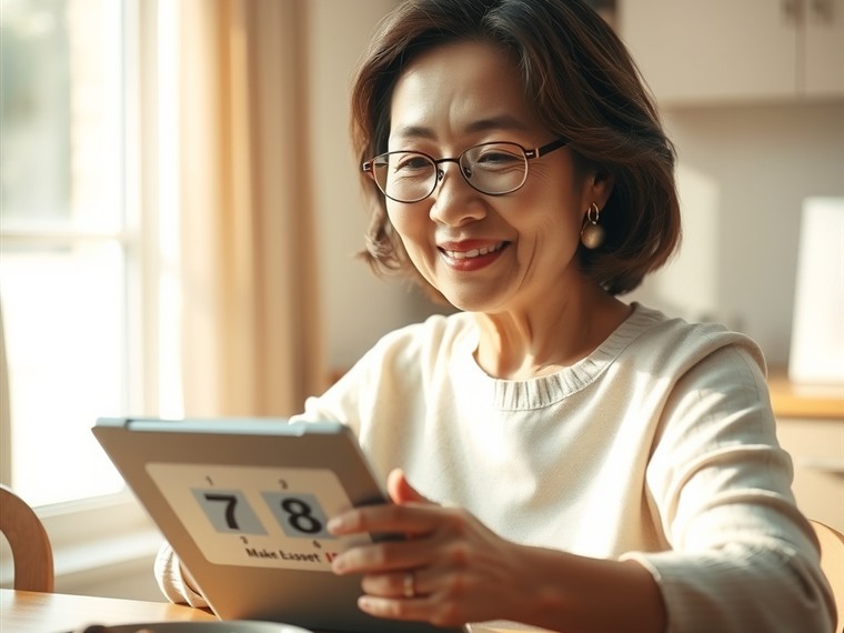 아침 식탁에서 태블릿으로 두뇌훈련을 하는 시니어